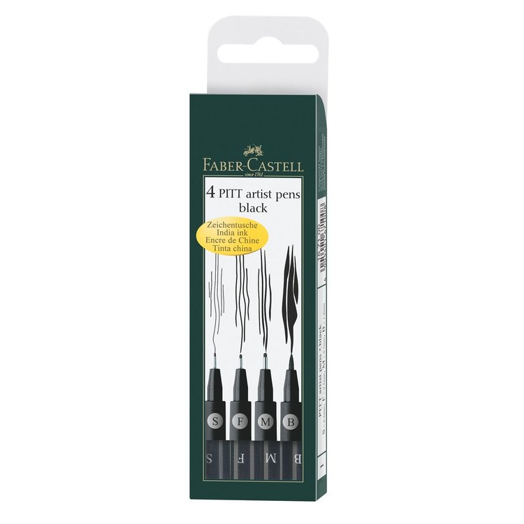 Faber-Castell PITT Artist Pen Set, Black - Superfine, Fine, Medium & Brush