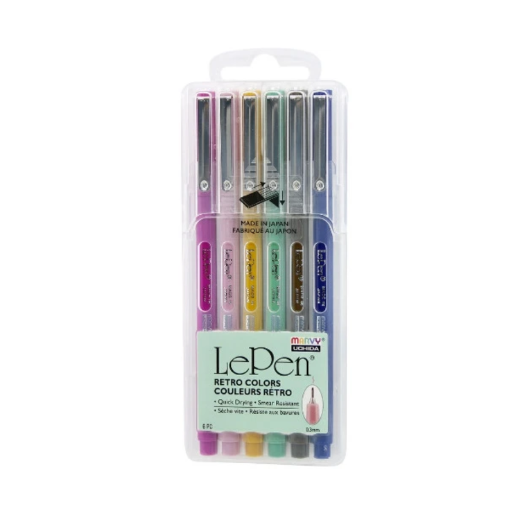Marvy Uchida Le Pen Fine Plastic Nib Pen, 6-Pen Retro Set