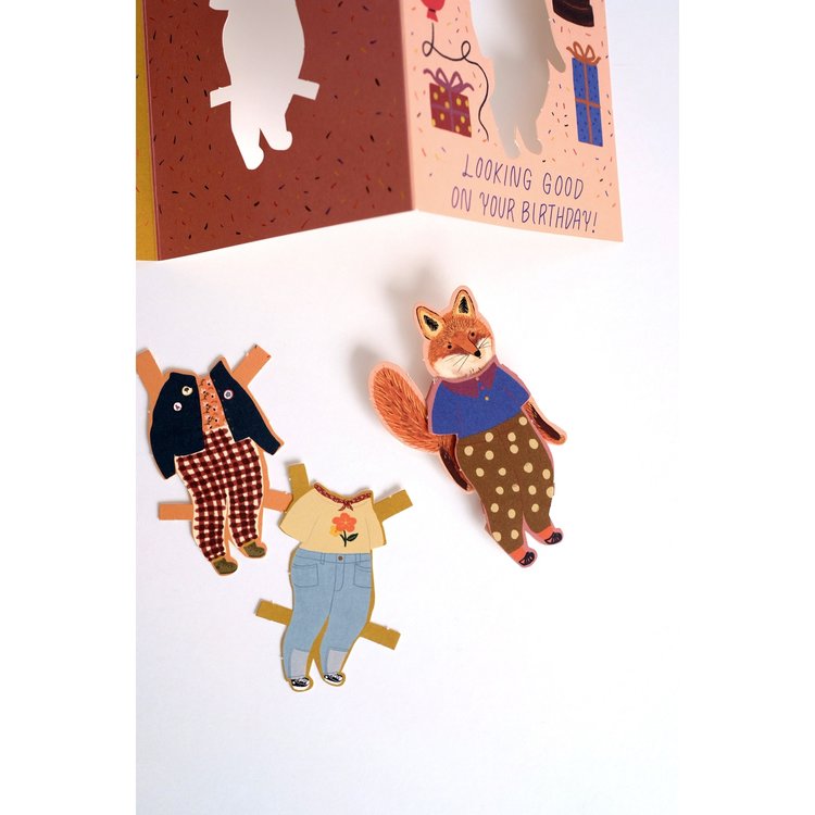 Small Adventure Fox Paper Doll Birthday Card