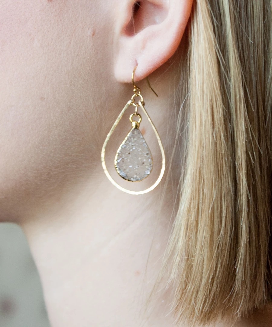 Silver Teardrop Druzy Earrings