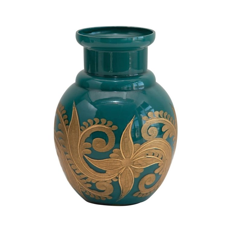 Creative Co-op Teal Etched Vase