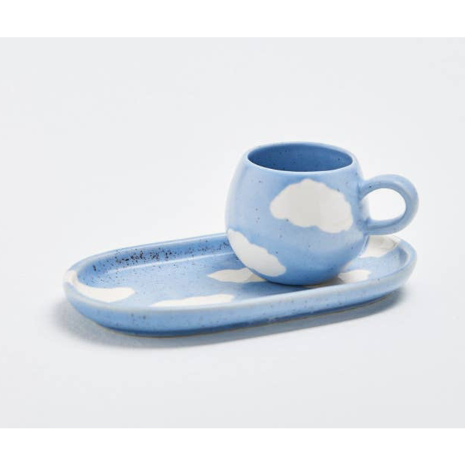 Dreamy Cloud Mug and Saucer - Blue and White Painted Cloud Sky Cup