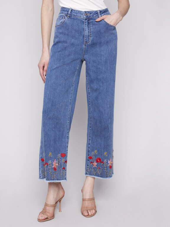 Charlie B Wide Leg Jeans with Embroidered Hem