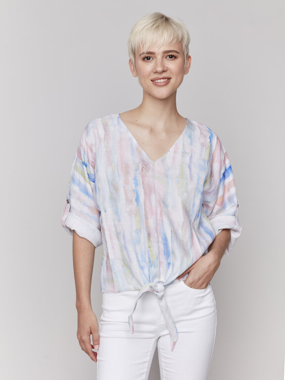 Charlie B Printed 3/4 Sleeve Top with Front Tie
