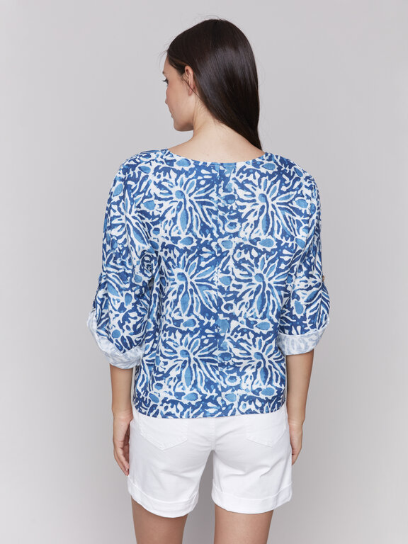 Charlie B Printed 3/4 Sleeve Top with Front Tie
