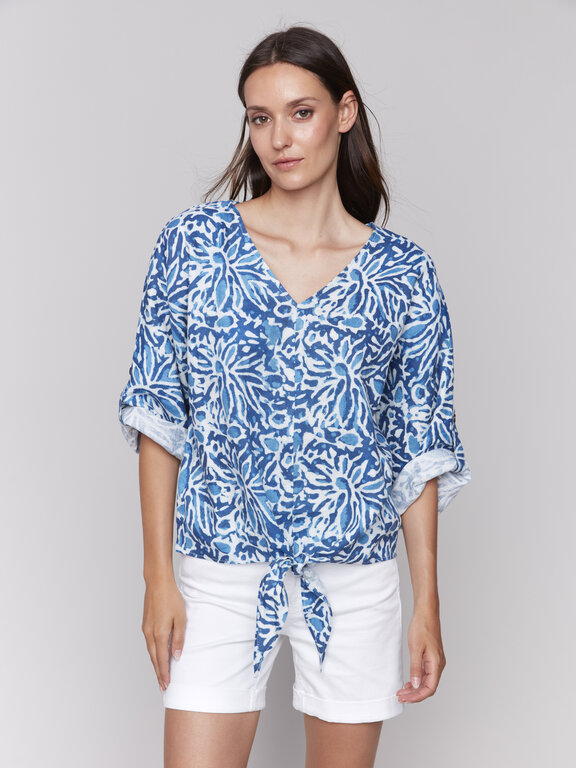 Charlie B Printed 3/4 Sleeve Top with Front Tie