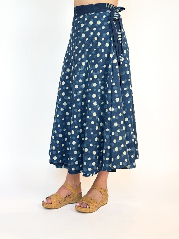 Rustic Passport Reversible Wrap Skirt Indigo Lotus/Polkadot