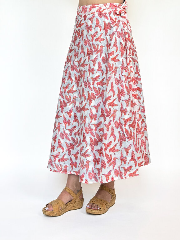 Rustic Passport Reversible Wrap Skirt Coral Hummingbird/Blue