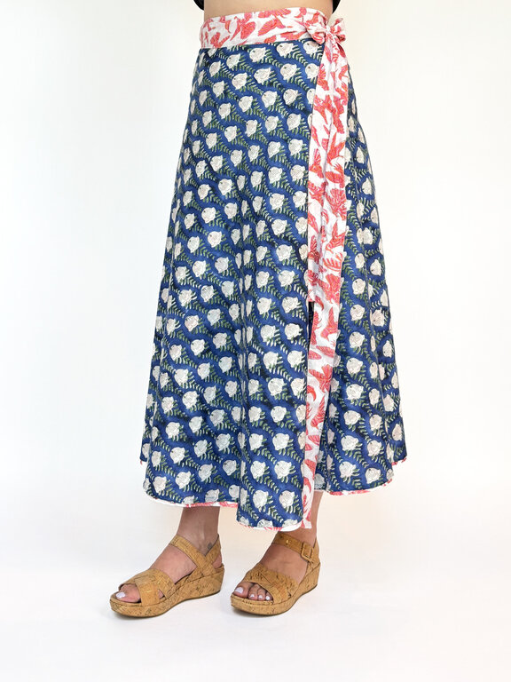 Rustic Passport Reversible Wrap Skirt Coral Hummingbird/Blue