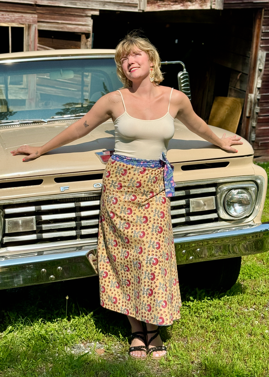 Rustic Passport Reversible Wrap Skirt Lavender & Yellow