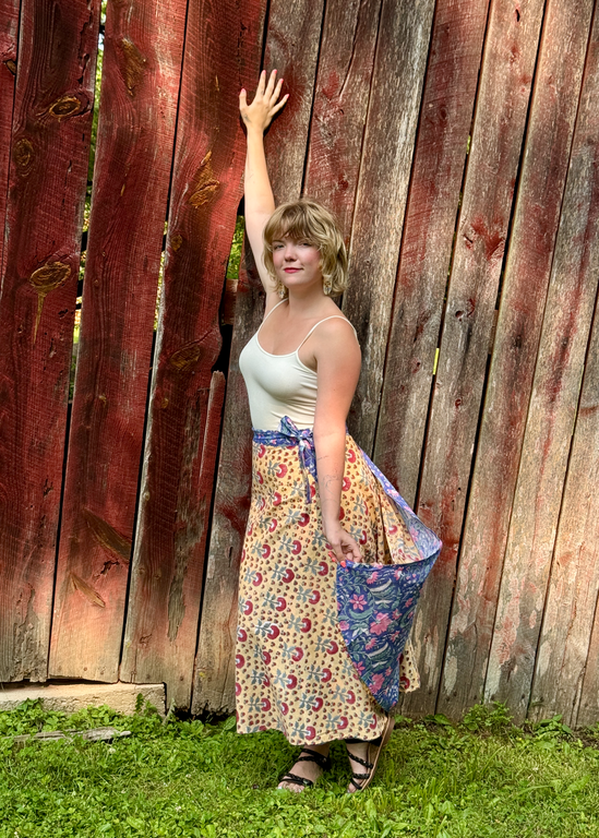 Rustic Passport Reversible Wrap Skirt Lavender & Yellow