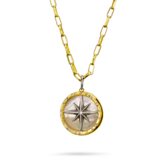 Waxing Poetic rose of the winds compass pendant on paperclip chain 20'