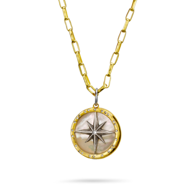 Waxing Poetic rose of the winds compass pendant on paperclip chain 20'