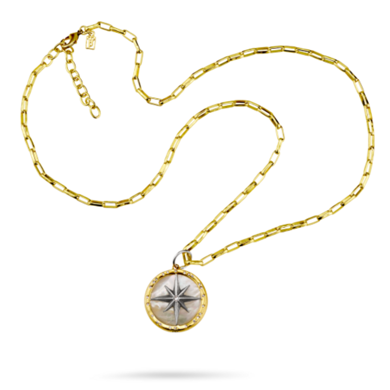 Waxing Poetic rose of the winds compass pendant on paperclip chain 20'