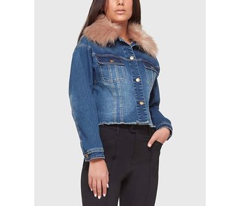 cropped denim jacket with removable faux fur collar for versatile styling