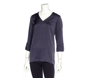 Long Sleeve V-Neck Blouse with Roll-Up Sleeve Tabs