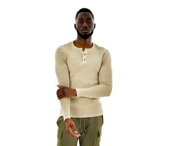 Hedge Mens Knit Pull Over Henley Tan Acid Wash