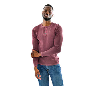 Hedge Mens Knit Pull Over Henley Burgundy Acid Wash