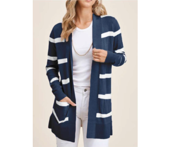 POINT ZERO Blue & White Long Open Striped Cardigan