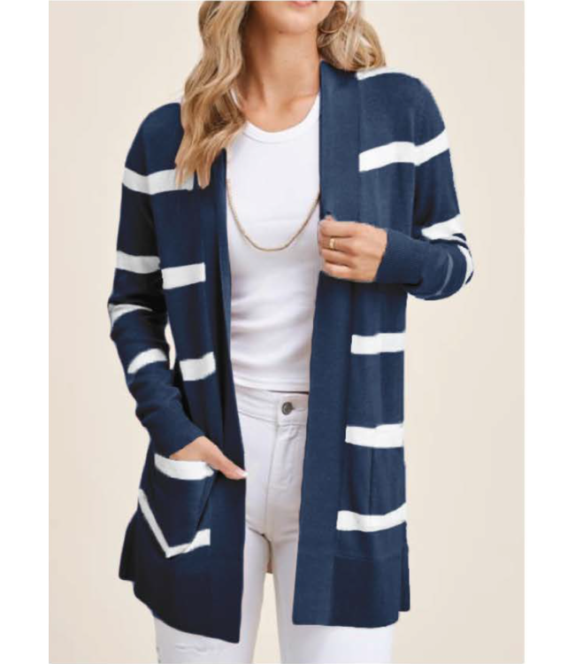POINT ZERO Blue & White Long Open Striped Cardigan