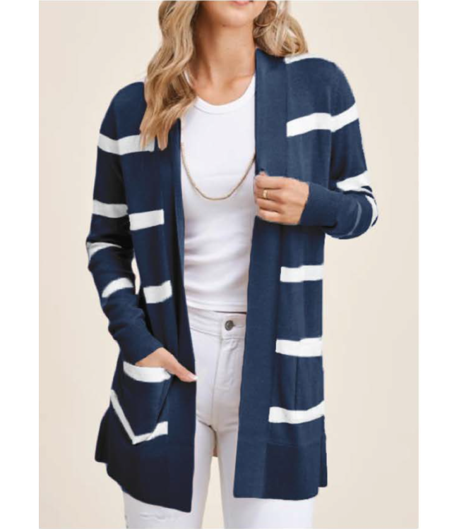 PZ MOK9194 Blue & White Long Open Striped Cardigan - JEANS