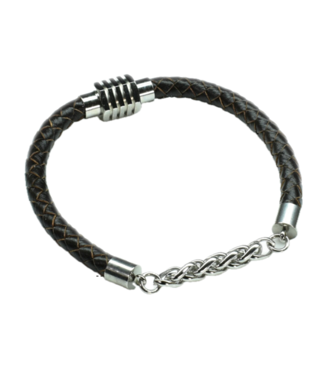 Leather Bracelet with Stainless Steel Magnetic Clasp & Wheat Chain