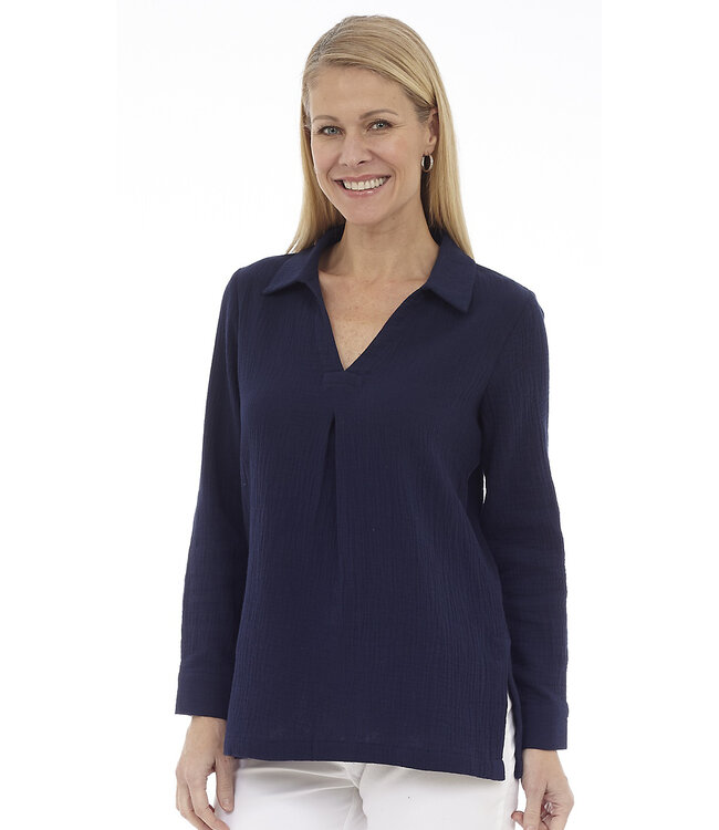 DKR Long Sleeve V-Neck Top with Shirt Collar
