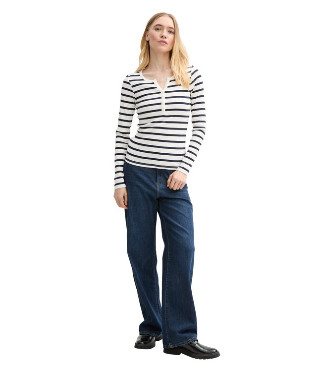 TOM TAILOR Long Sleeve Striped Henley Rib T Shirt