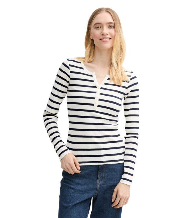 TOM TAILOR Long Sleeve Striped Henley Rib T Shirt