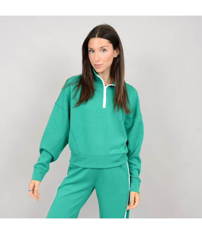 RD International RD Style MAILYN SOFT KNIT SCUBA  LS 1/2 ZIP MOCK NECK TOP CREME DE MENTHE WHITE