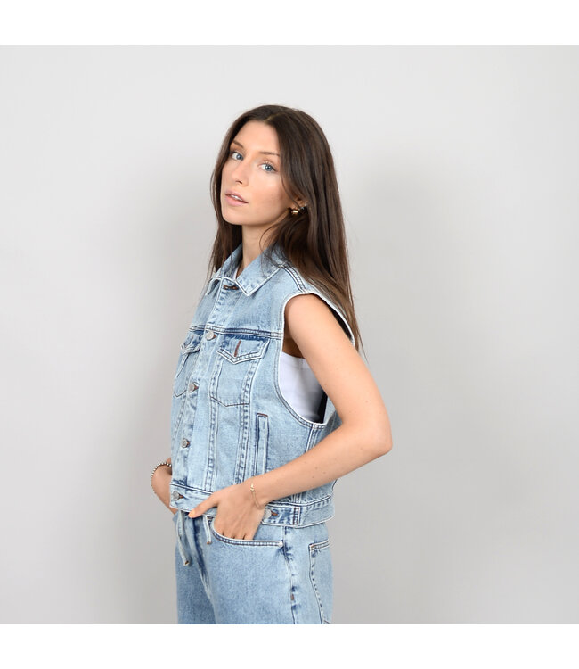 RD Style DENIM JEAN JACKET MOTOR VEST-LT DENIM WASH