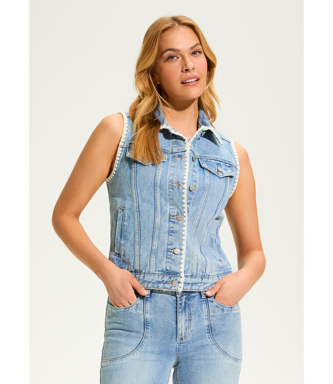 FDJ Crochet Stitch Denim Jean Jacket Vest Light Wash