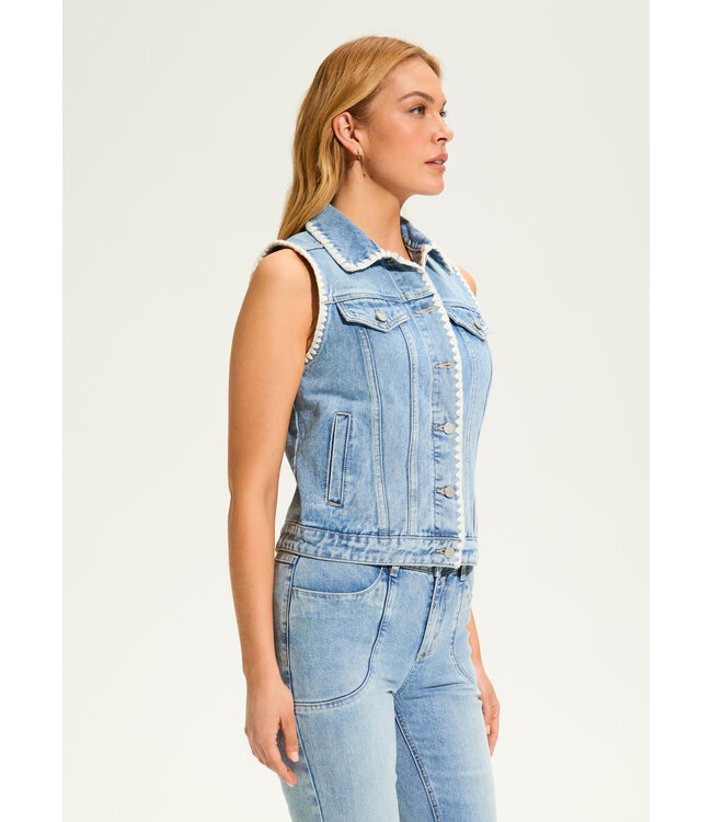 FDJ Crochet Stitch Denim Jean Jacket Vest Light Wash