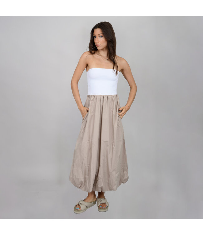 STRAPLESS BALLOON DRESS WHITE TAN