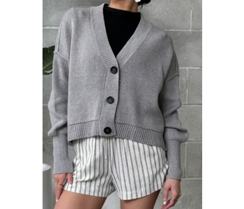 RD Style  Long Sleeve V Neck Cardigan Stone Melange