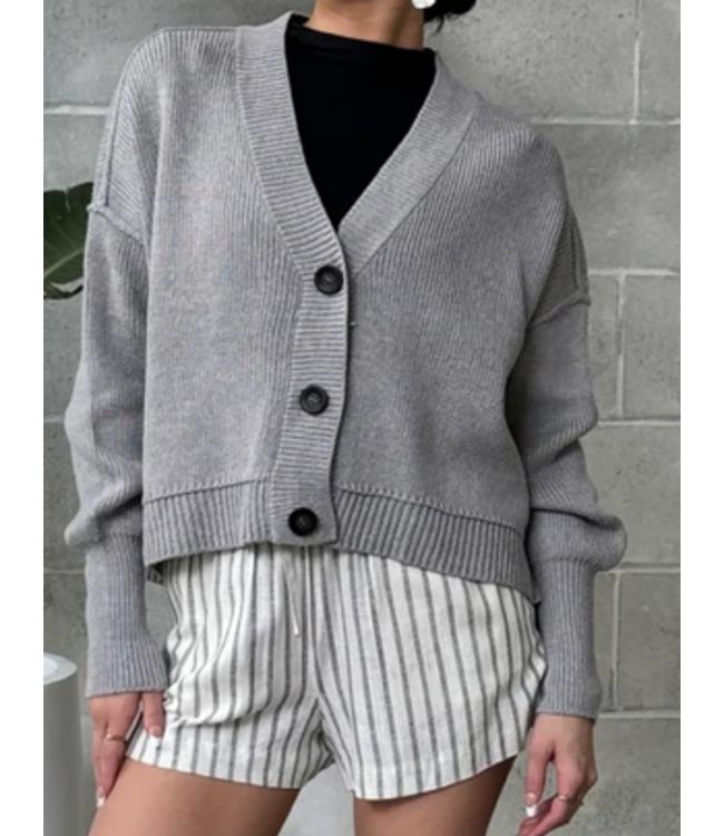 RD Style  Long Sleeve V Neck Cardigan Stone Melange