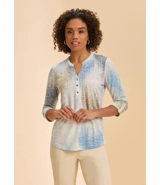 FDJ  3/4 Sleeve Henley Top, Neutral Ikat