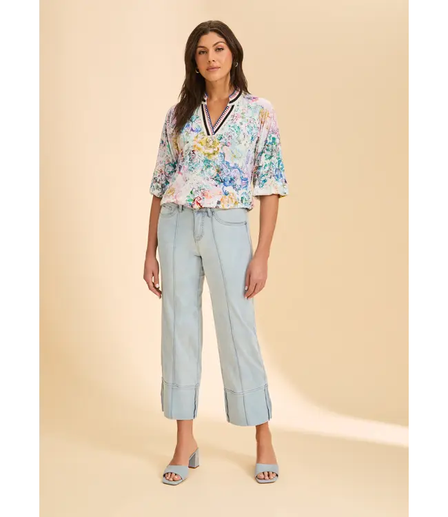 FDJ  3/4 Sleeve Split Neck Top Multi Floral