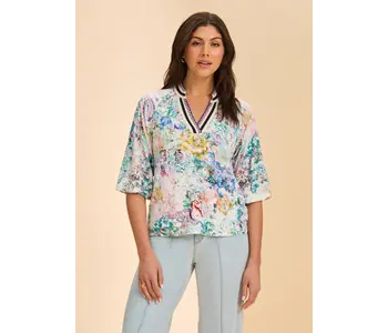 FDJ  3/4 Sleeve Split Neck Top Multi Floral