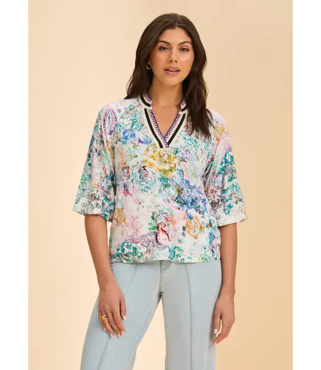 FDJ  3/4 Sleeve Split Neck Top Multi Floral