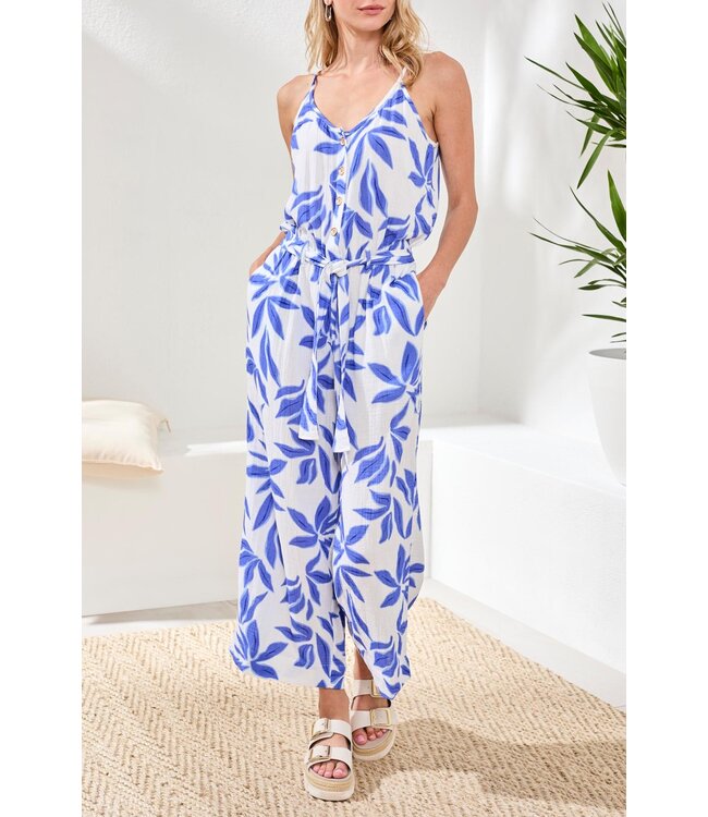 Tribal Canada BUTTON-FRONT PRINTED GAUZE JUMPSUIT WITH SASH