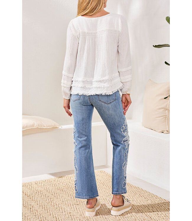 Tribal Canada CRINKLE GAUZE BUTTON-FRONT BALLOON SLEEVE FRAYED HEM BLOUSE