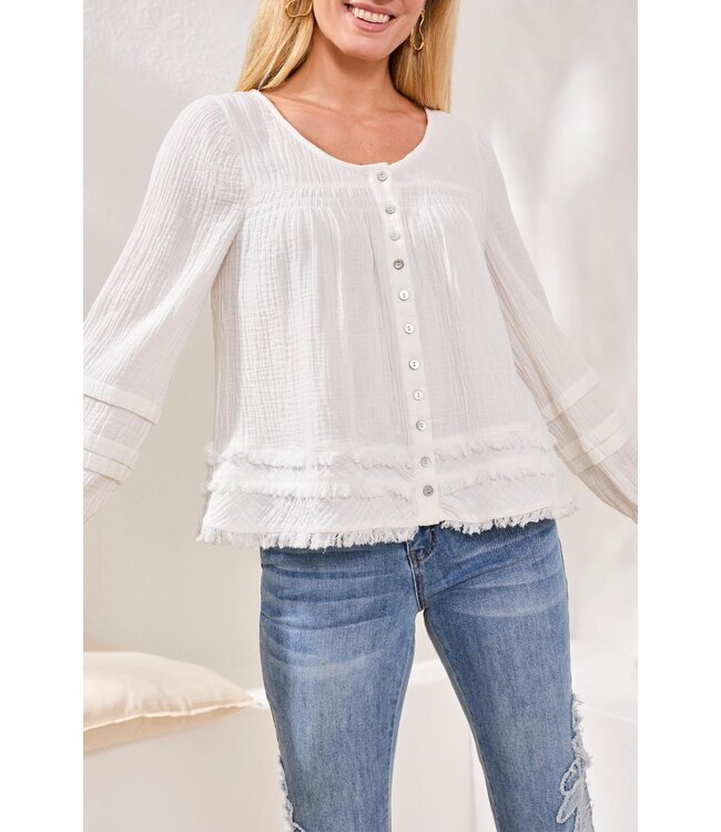 Tribal Canada CRINKLE GAUZE BUTTON-FRONT BALLOON SLEEVE FRAYED HEM BLOUSE
