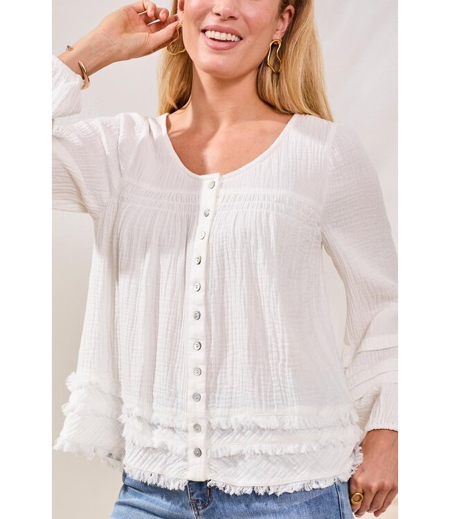 Tribal Canada CRINKLE GAUZE BUTTON-FRONT BALLOON SLEEVE FRAYED HEM BLOUSE