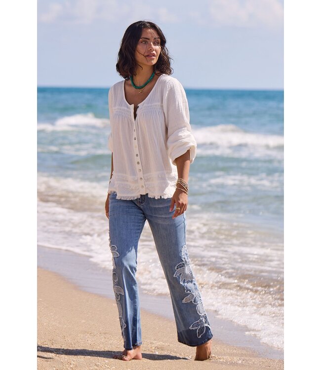 Tribal Canada CRINKLE GAUZE BUTTON-FRONT BALLOON SLEEVE FRAYED HEM BLOUSE