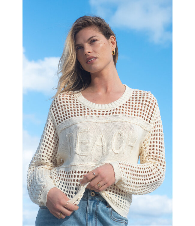 Tribal Canada Open Crochet Long Sleeve Crew Neck Sweater With Embroidery-Buttercream