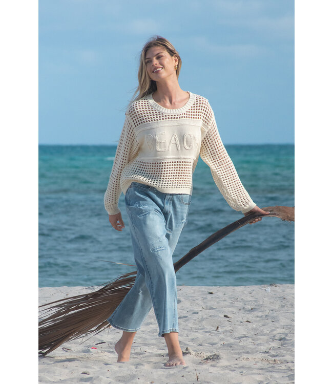 Tribal Canada Open Crochet Long Sleeve Crew Neck Sweater With Embroidery-Buttercream