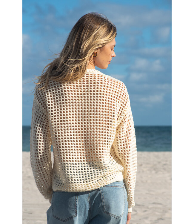 Tribal Canada Open Crochet Long Sleeve Crew Neck Sweater With Embroidery-Buttercream