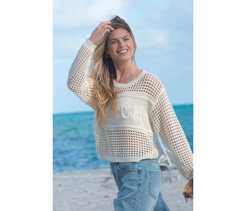 Tribal Canada Open Crochet Long Sleeve Crew Neck Sweater With Embroidery-Buttercream