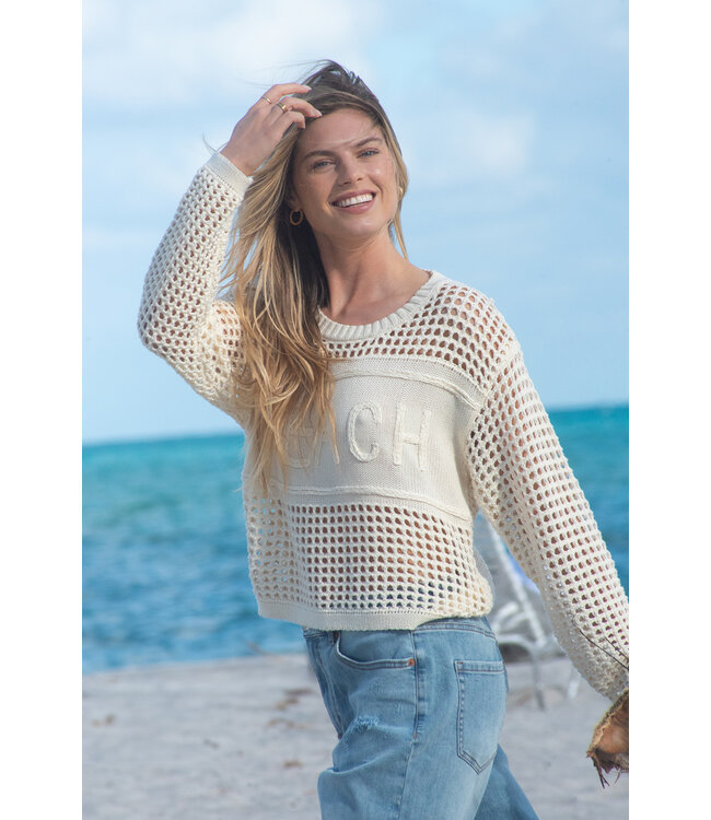 Tribal Canada Open Crochet Long Sleeve Crew Neck Sweater With Embroidery-Buttercream